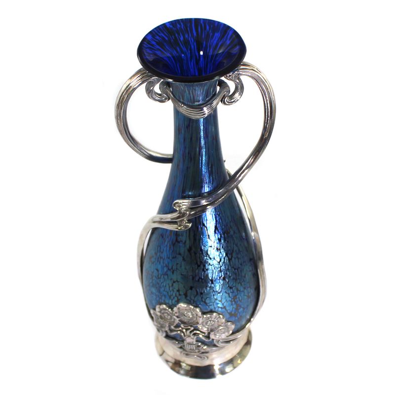 Large vase with cobalt Papillon decoration and metal mount, Loetz circa 1901