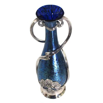 Große Vase mit cobalt Papillon Dekor und Metallmontierung, Loetz um 1901