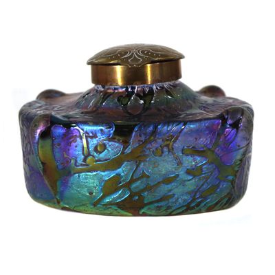 Tintenfass aus kobaltblauem Glas mit Stäbchensplitter, Kralik um 1900