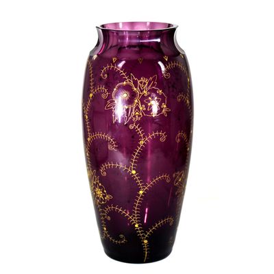 Vase aus violetten Glas mit vergoldeter Nadelätzung, Oertel um 1915