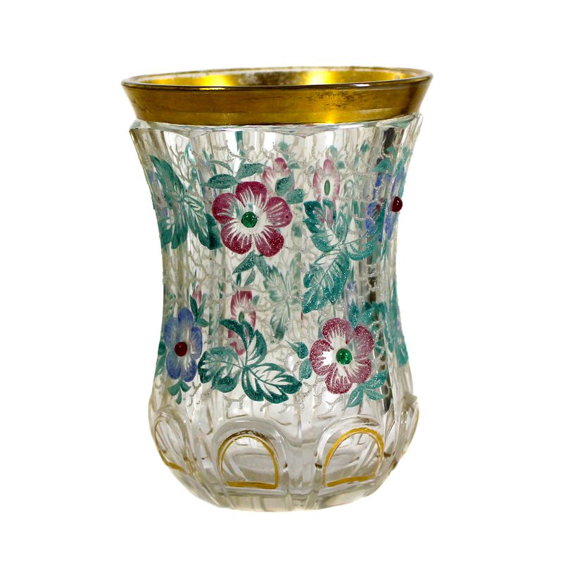 Beaker with floral glass-sand decoration and glass beads, mid-19th century.