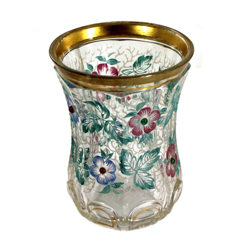 Beaker with floral glass-sand decoration and glass beads, mid-19th century.