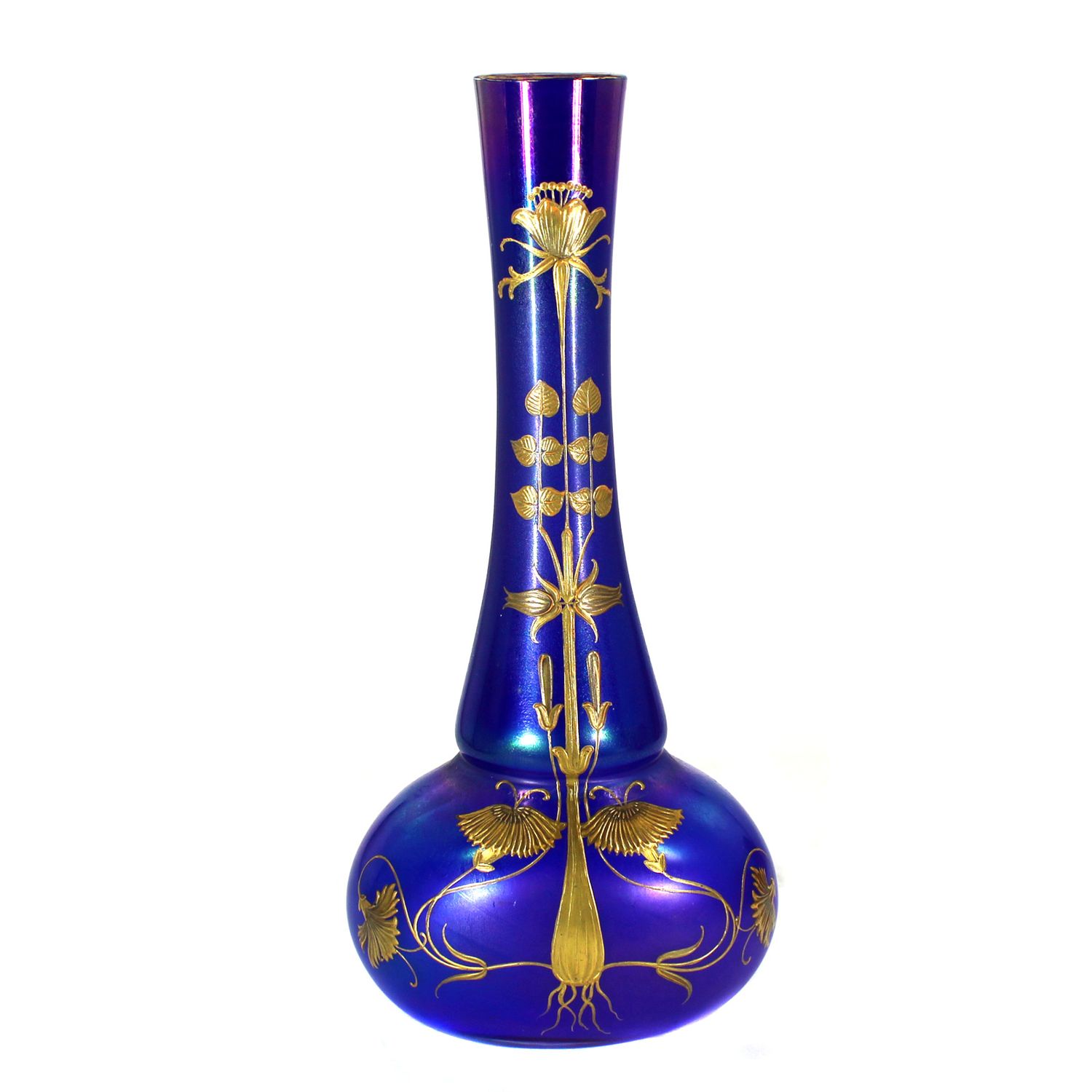 Light blue glass vase with gold painting, Loetz, painted by A. Rupp in Meitersdorf, circa 1900.