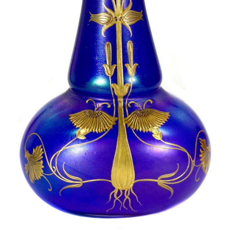 Light blue glass vase with gold painting, Loetz, painted by A. Rupp in Meitersdorf, circa 1900.