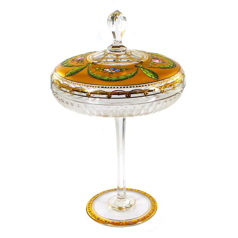 Table centerpiece with lid and gold and enamel painting, Moser 1900