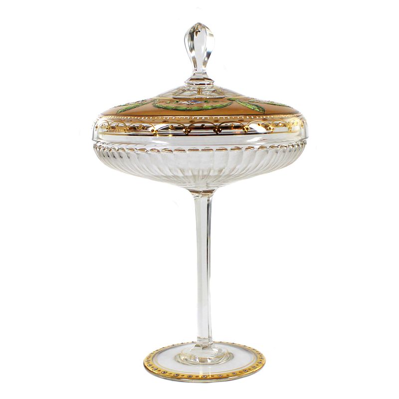 Table centerpiece with lid and gold and enamel painting, Moser 1900