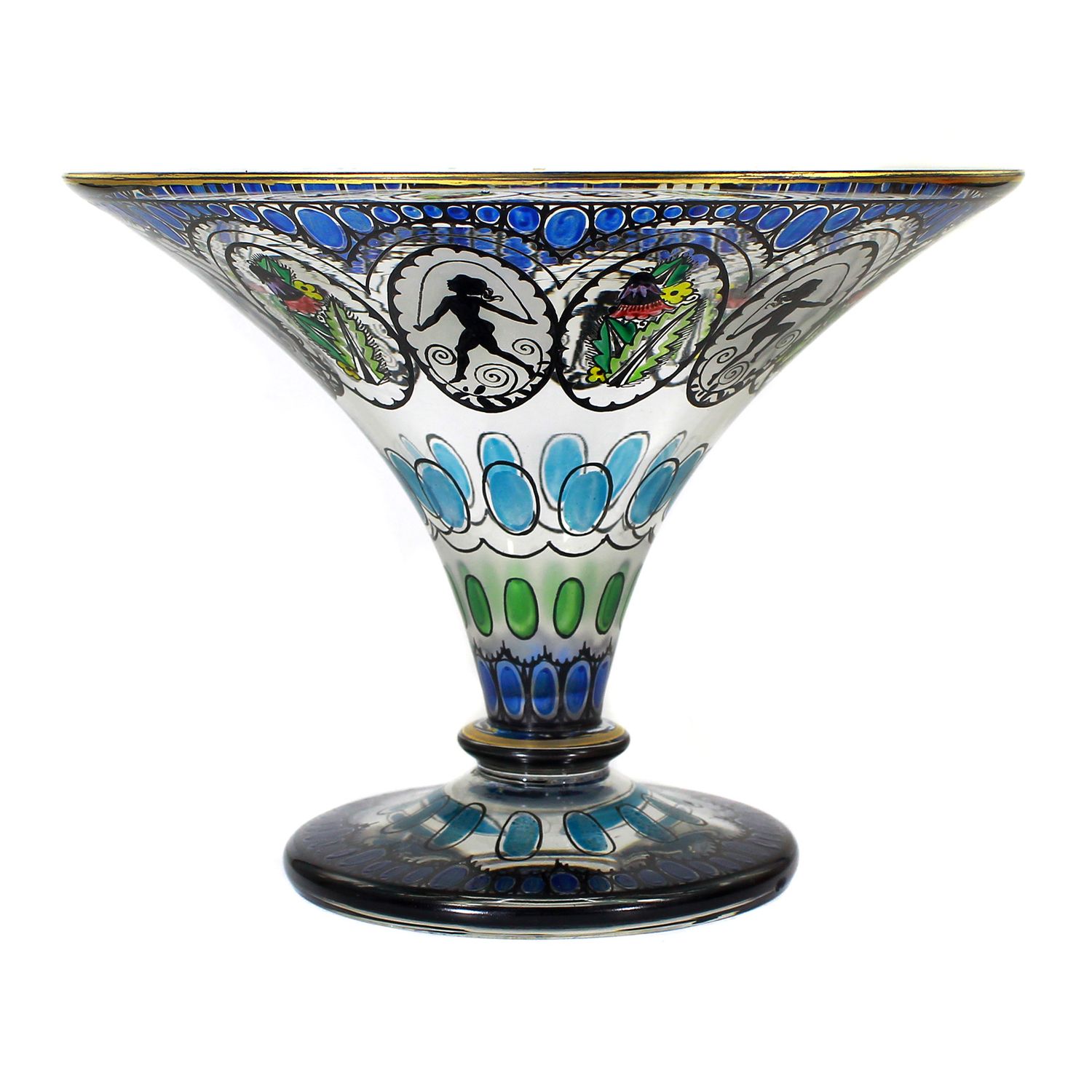 Footed bowl with transparent enamel painting, Steinschönau Glass School, c. 1915