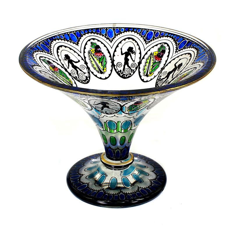 Footed bowl with transparent enamel painting, Steinschönau Glass School, c. 1915
