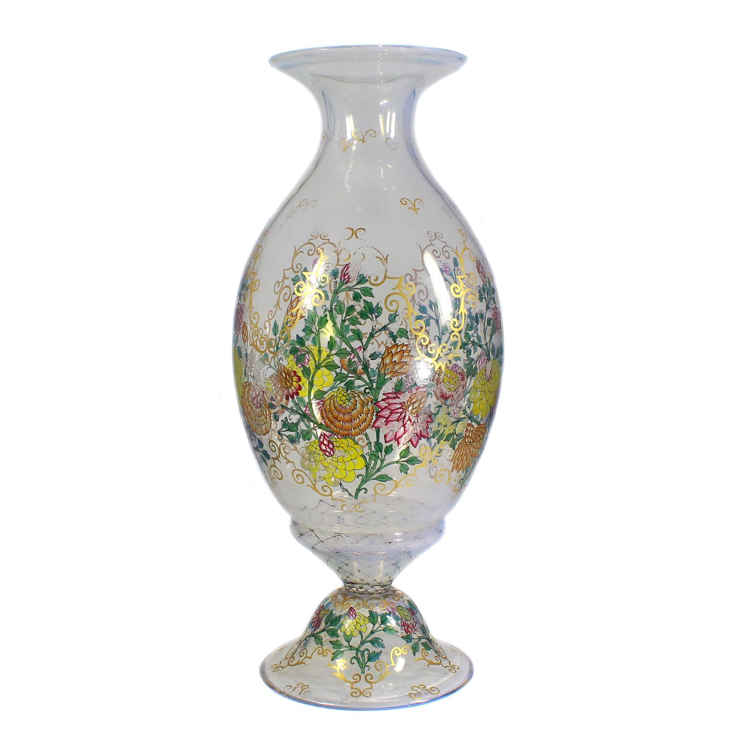 Tall vase of opalescent glass with transparent painting, Josephinenhütte, A. Pfohl