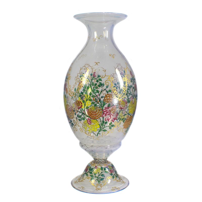 Tall vase of opalescent glass with transparent painting, Josephinenhütte, A. Pfohl