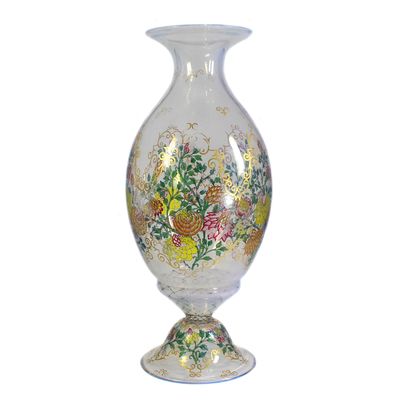 Hohe Vase aus opalisierenem Glas mit Transparentmalerei, Josephinenhütte, A. Pfohl