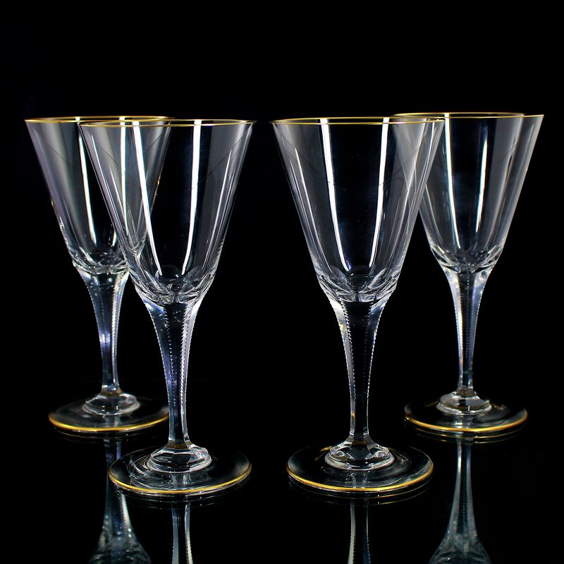 Large crystal glass carafe with four wine glasses, Josephinenhütte, designed by S. Haertel, c. 1910.