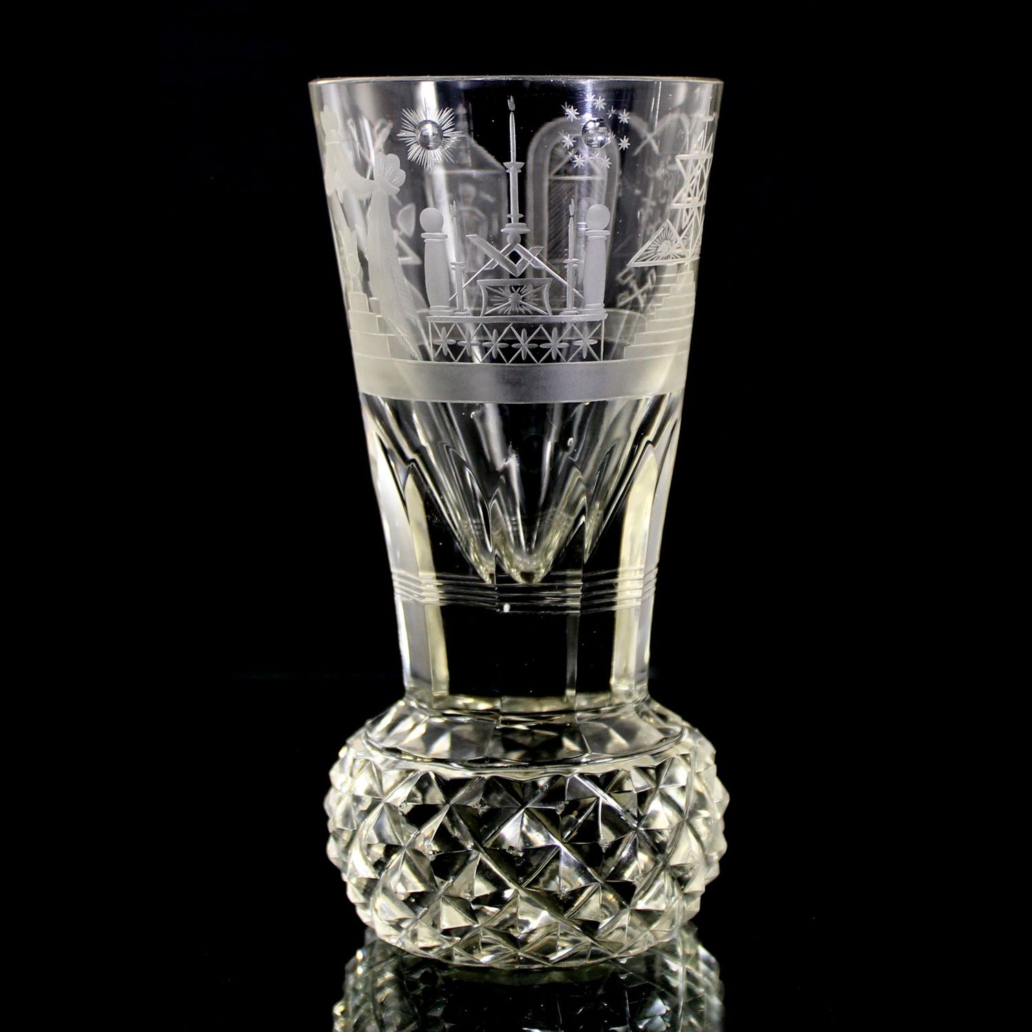 Tall Masonic glass with pineapple-cut studs and Masonic symbols, circa 1900–10.