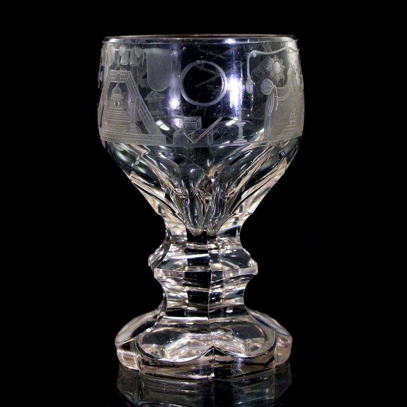 Masonic glass with finely cut Masonic symbols, Germany or Bohemia, circa 1840.