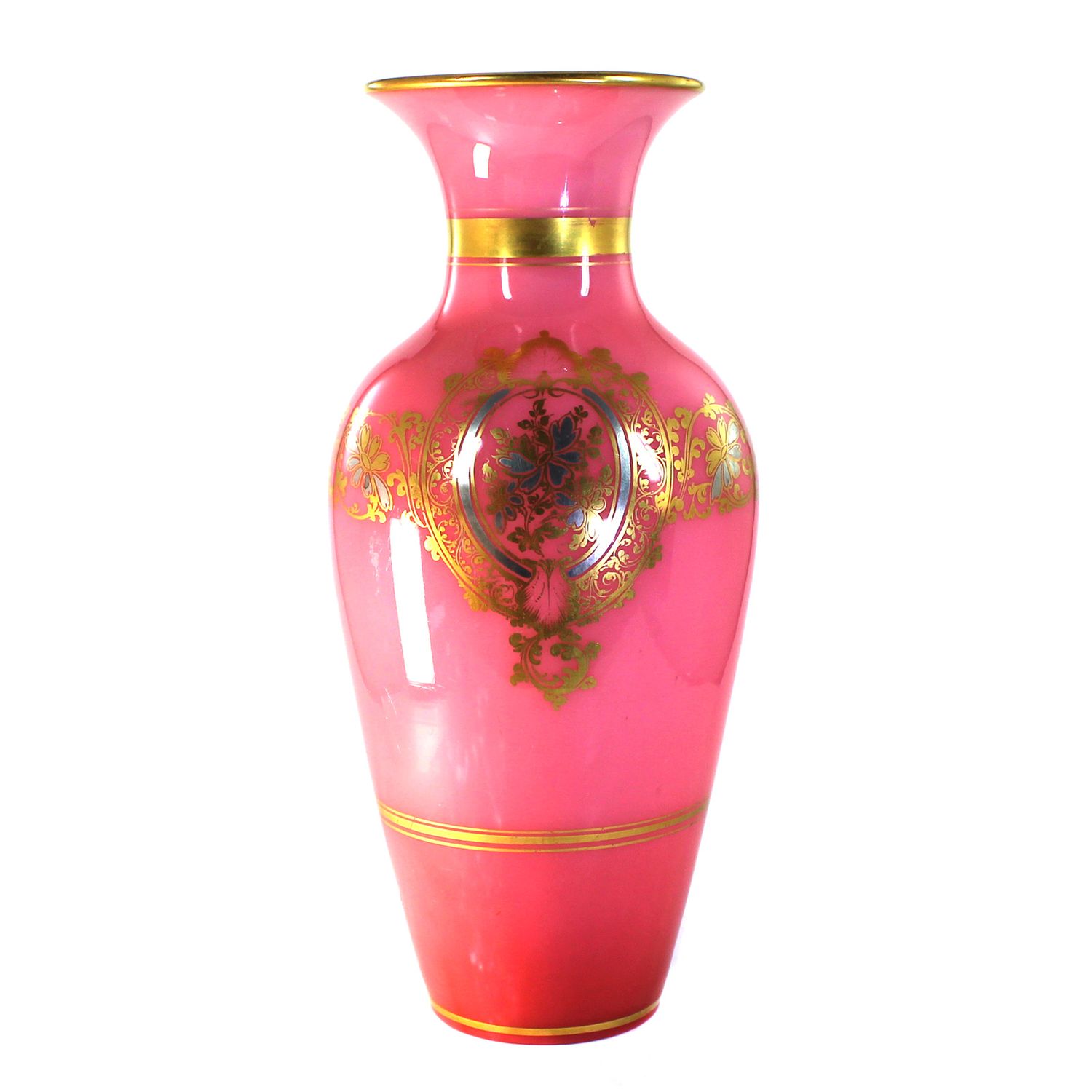 Pink opal glass vase with burnished gold and silver painting, France or Silesia