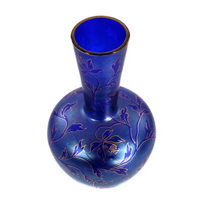Jugendstil Vase, kobaltblaues Glas mit Lüstermalerei, Glashütte Schliersee um 1900