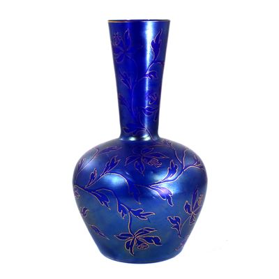 Jugendstil Vase, kobaltblaues Glas mit Lüstermalerei, Glashütte Schliersee um 1900