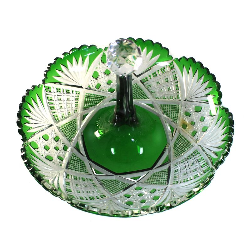 Pastry tray with handle, green overlay, with wedge-cut decoration, Josephinenhütte