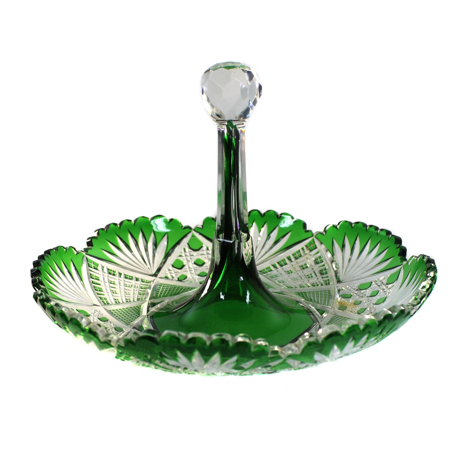 Pastry tray with handle, green overlay, with wedge-cut decoration, Josephinenhütte