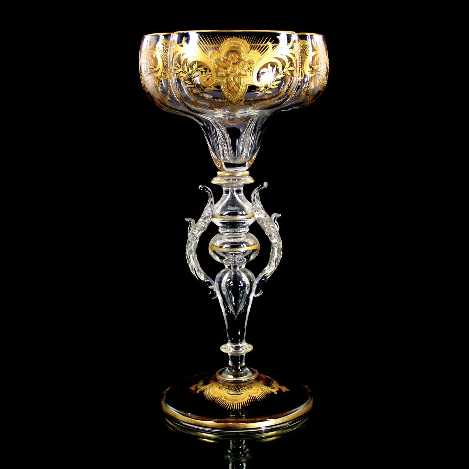 Four-lobed winged goblet with heavy gold painting, Josephinenhütte, circa 1900.