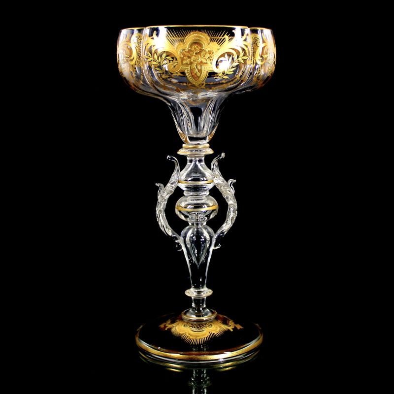 Four-lobed winged goblet with heavy gold painting, Josephinenhütte, circa 1900.
