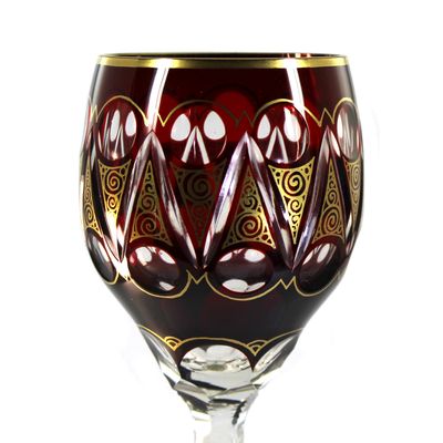 Stängelglas mit Kupferrubin-Überfang und Goldmalerei, Josephinenhütte um 1910