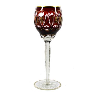 Stängelglas mit Kupferrubin-Überfang und Goldmalerei, Josephinenhütte um 1910