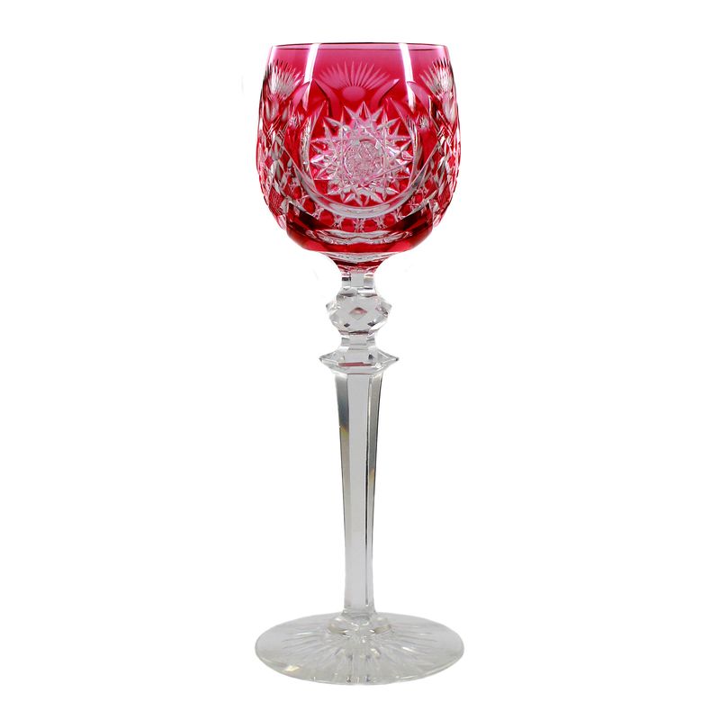Stemmed glasses with magenta overlay and decorative cutting, Cristallerie Baccarat, circa 1907.