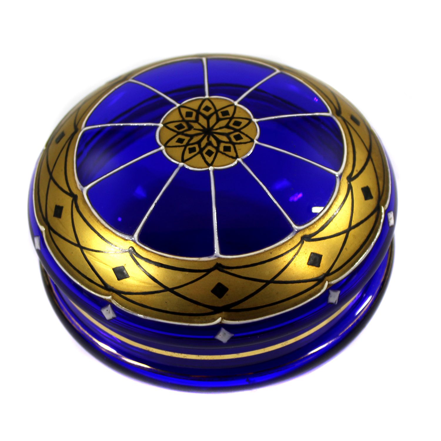 Lidded box of cobalt blue glass with gold and enamel painting, circa 1920
