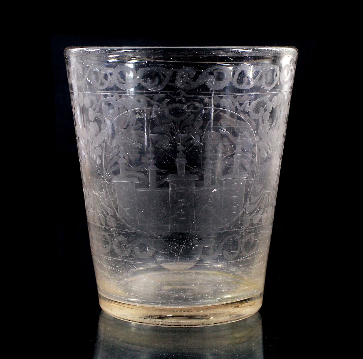 Beaker with sunflowers, depictions of birds, and architecture, Bohemia, c. 1680–90