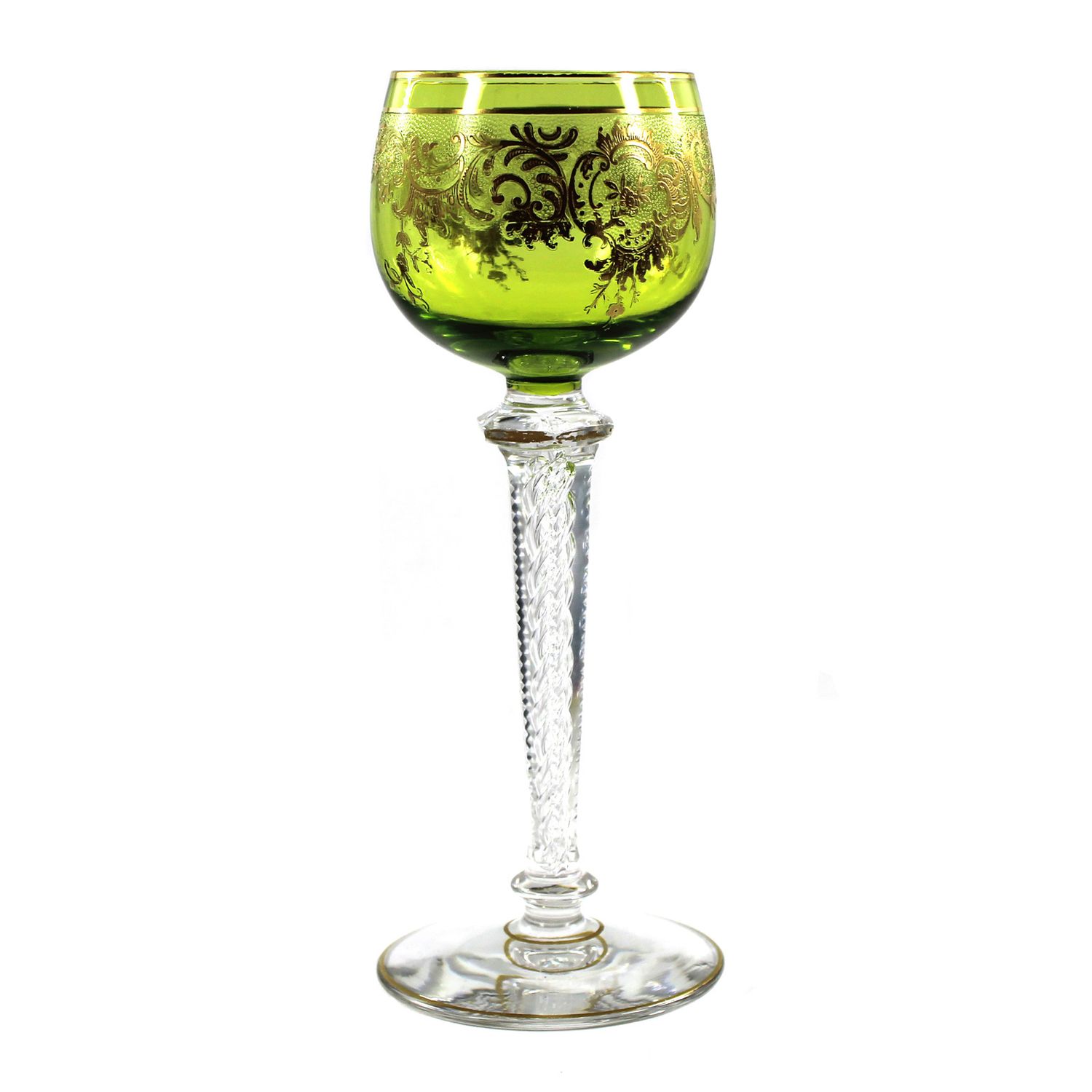 Stemmed glass with air-twist filigree and etched gold decoration, Saint-Louis, circa 1900.