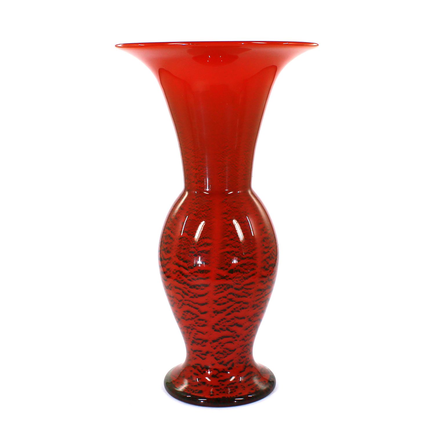 WMF Ikora vase with red interior overlay and fused black powder inclusions.