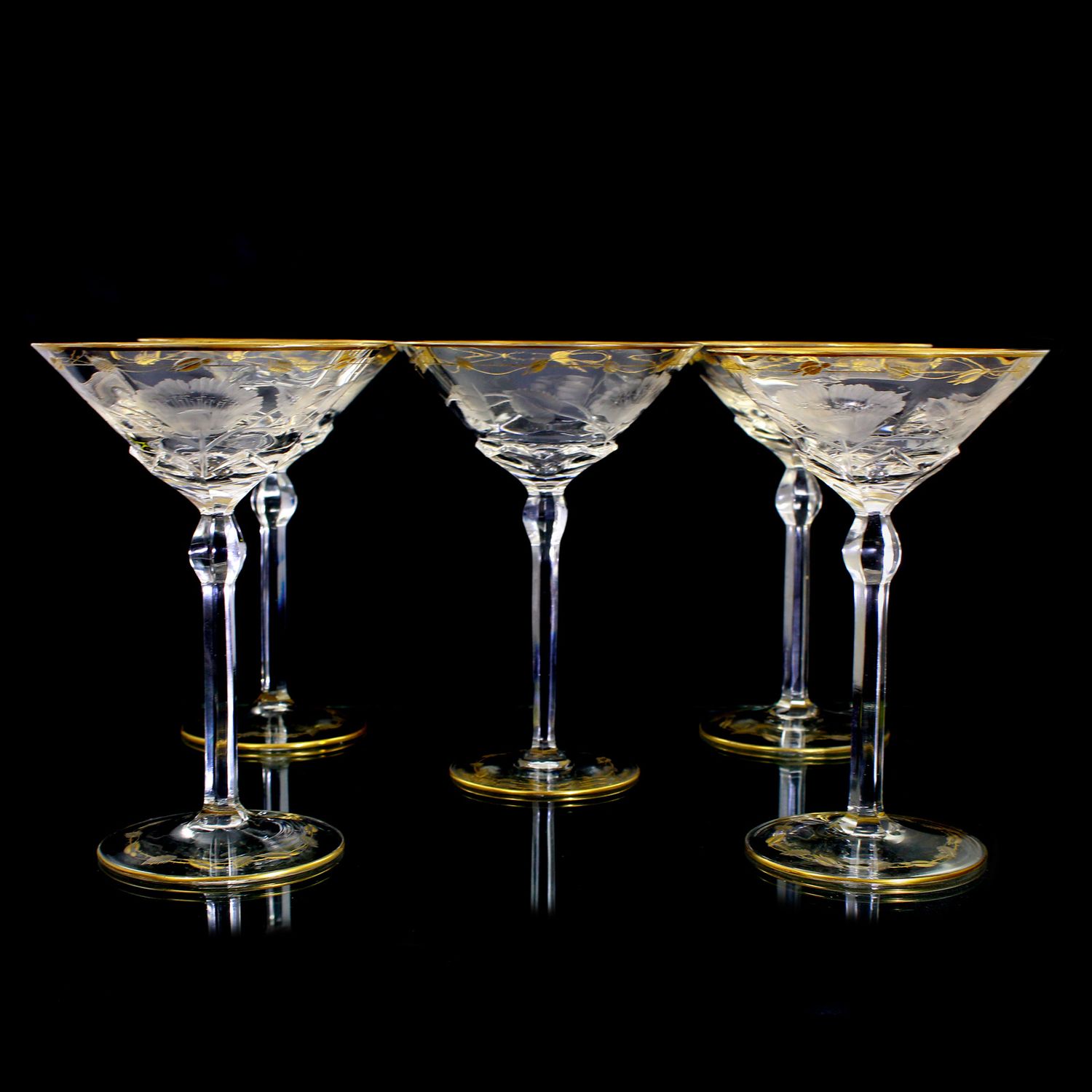 5 early champagne glasses from the Rose series, Moser in Karlsbad around 1902