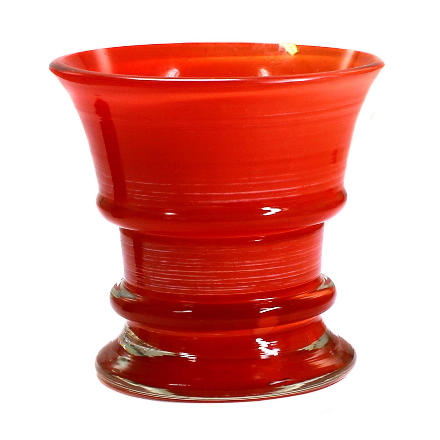 Small colorless glass vase with opaque red overlay, signed Jean Beck.