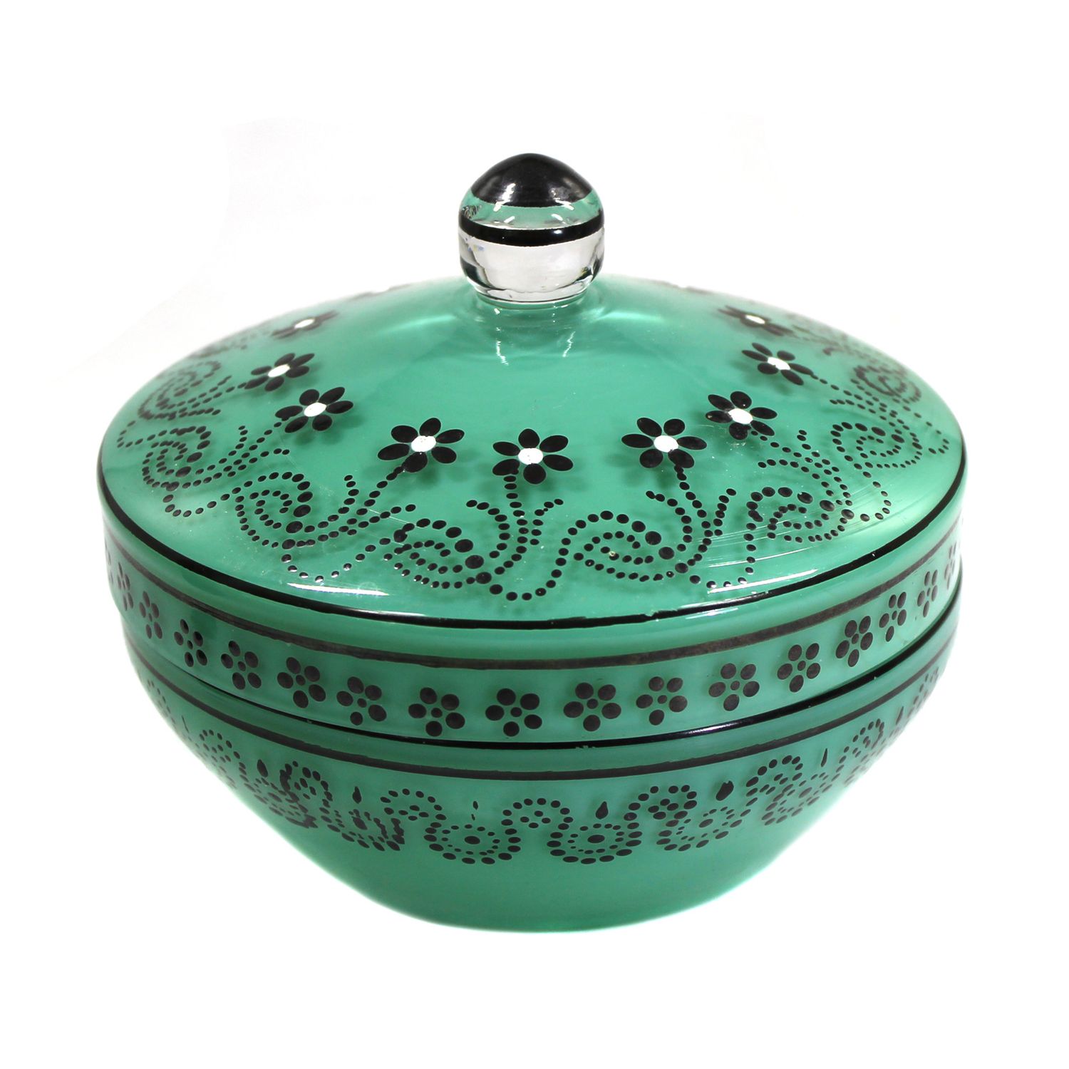 Lidded box with opaque green internal casing and black enamel painting, Bohemia