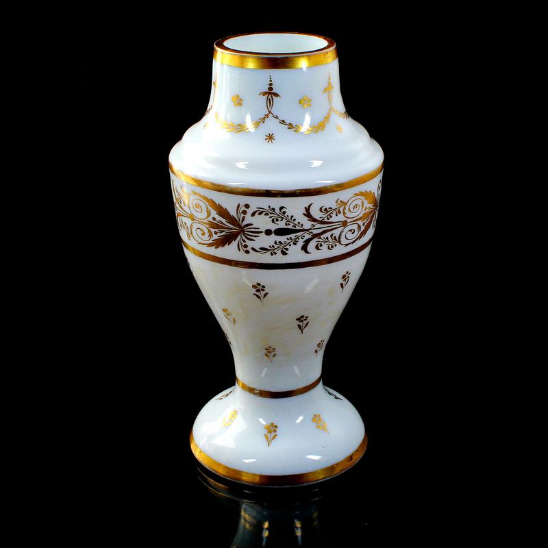 French milk glass vase with burnished gold painting, circa 1780–90