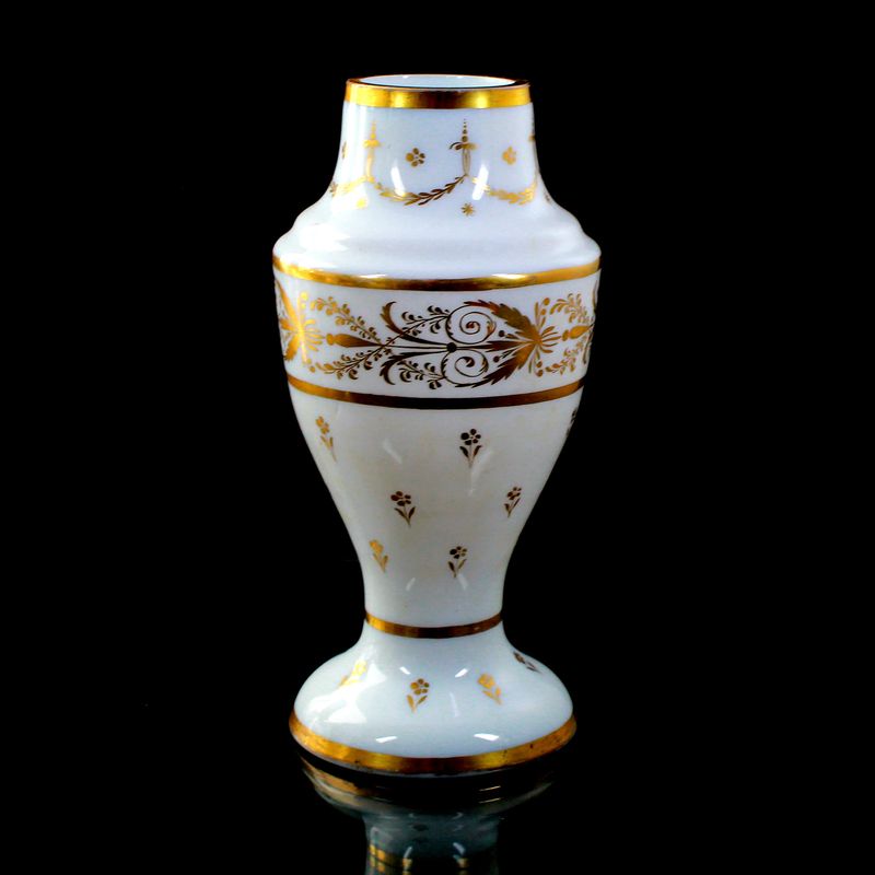 French milk glass vase with burnished gold painting, circa 1780–90
