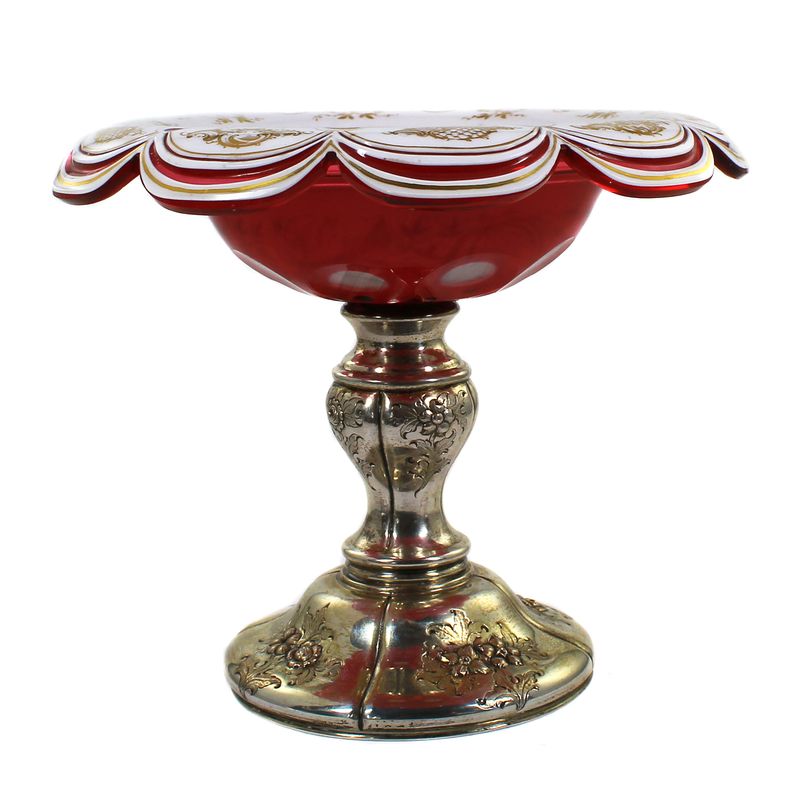 Footed bowl with multi-layered overlay and silver-plated foot, Josephinenhütte, circa 1850.
