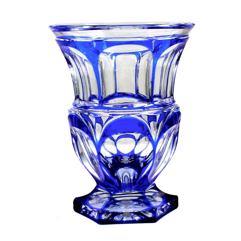 Footed beaker with blue overlay, six-sided facet-cut, Neuwelt, circa 1840.