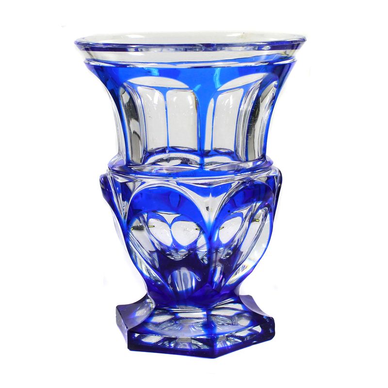 Footed beaker with blue overlay, six-sided facet-cut, Neuwelt, circa 1840.