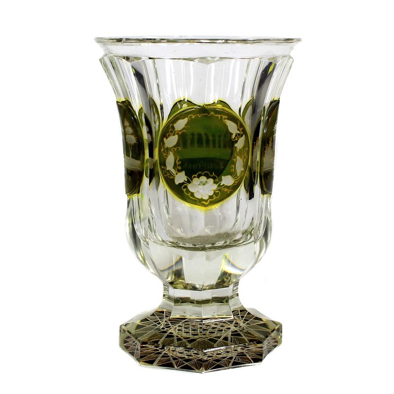 Footed beaker with applied medallions and engraved views, Bohemia