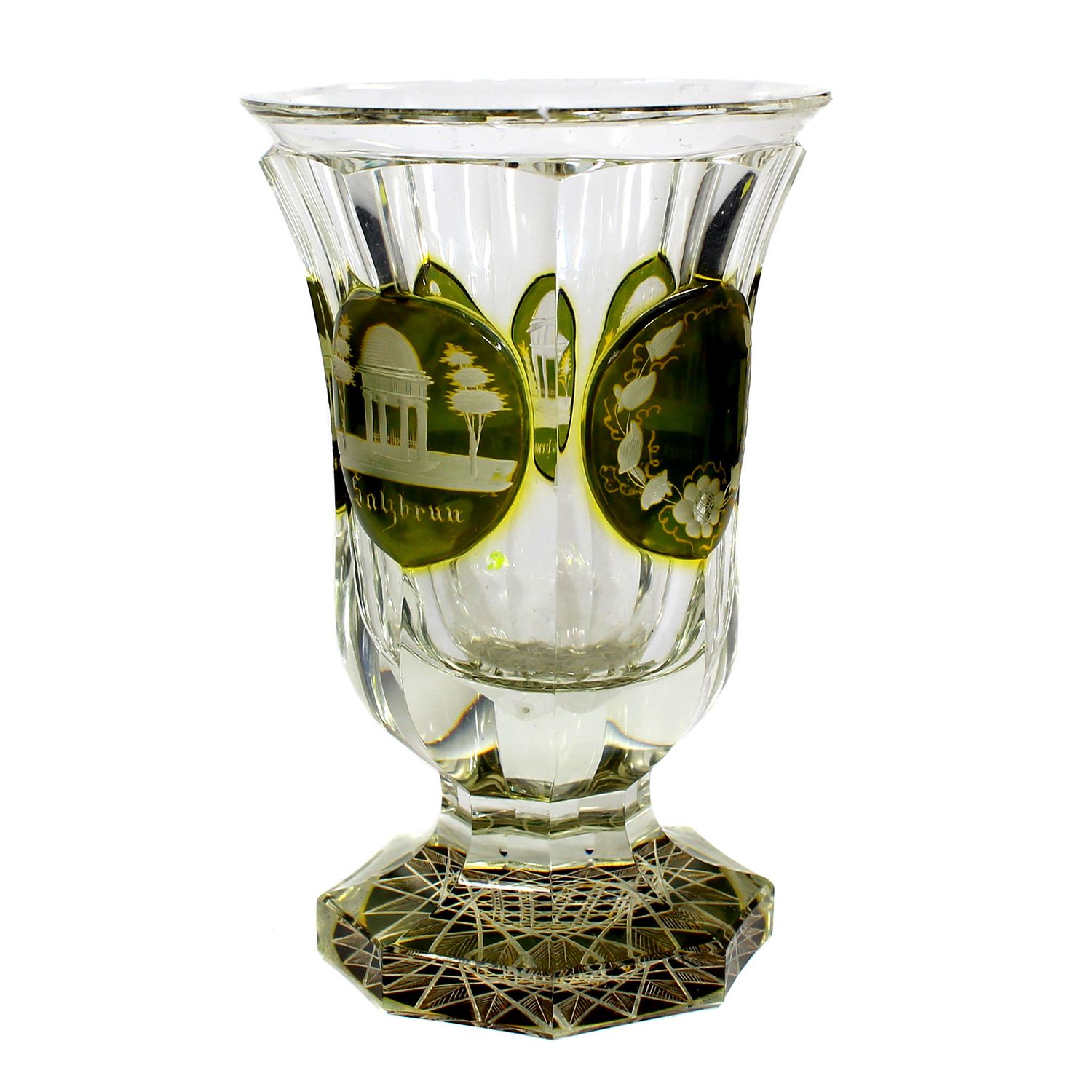 Footed beaker with applied medallions and engraved views, Bohemia