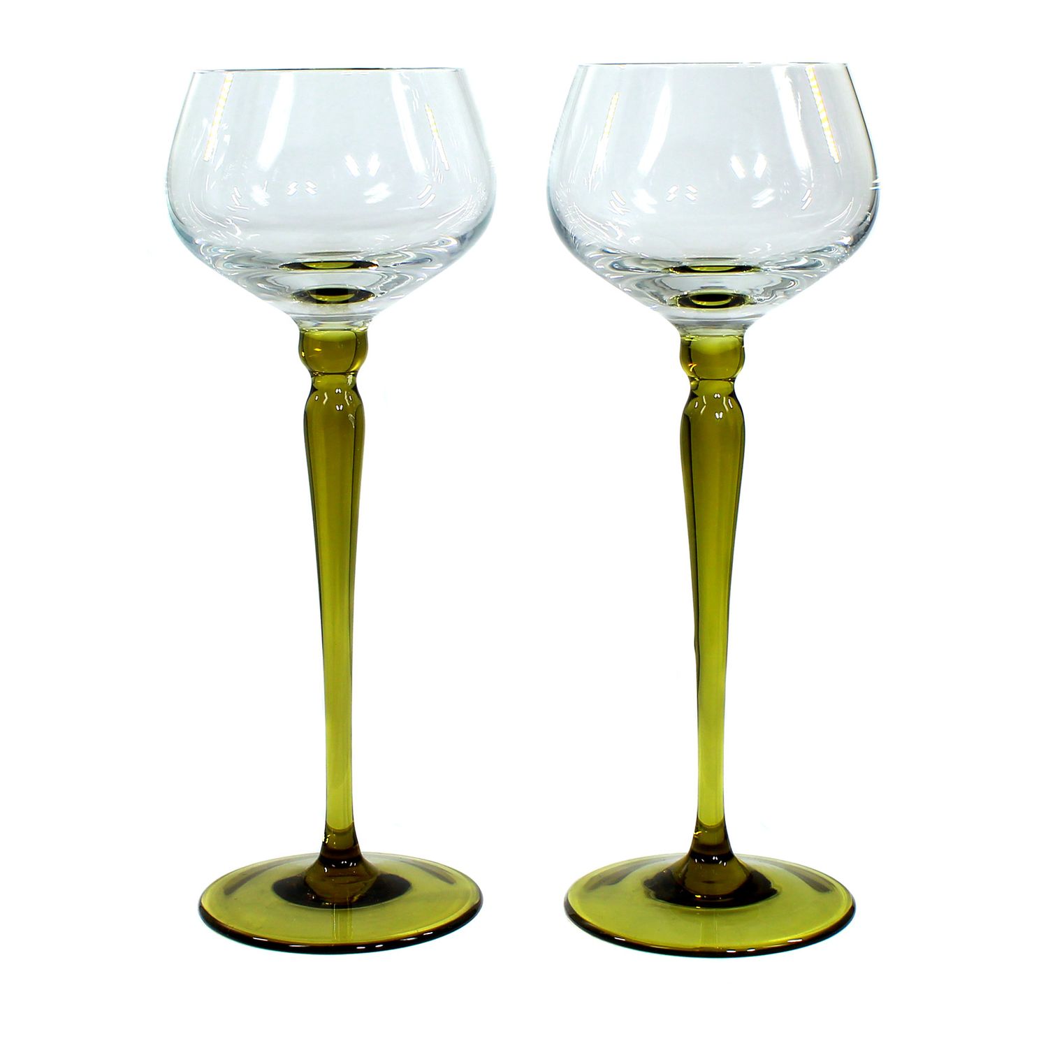 2 stemmed glasses with olive-green stems, Bavarian Forest, circa 1910