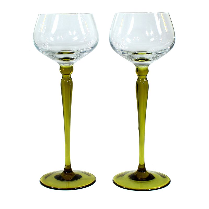 2 stemmed glasses with olive-green stems, Bavarian Forest, circa 1910