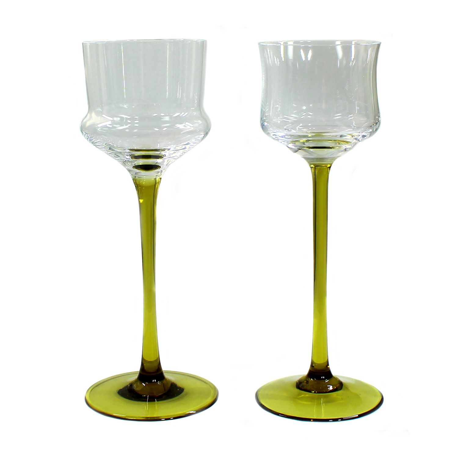 2 stemmed glasses with olive-green stems, Bavarian Forest, circa 1910