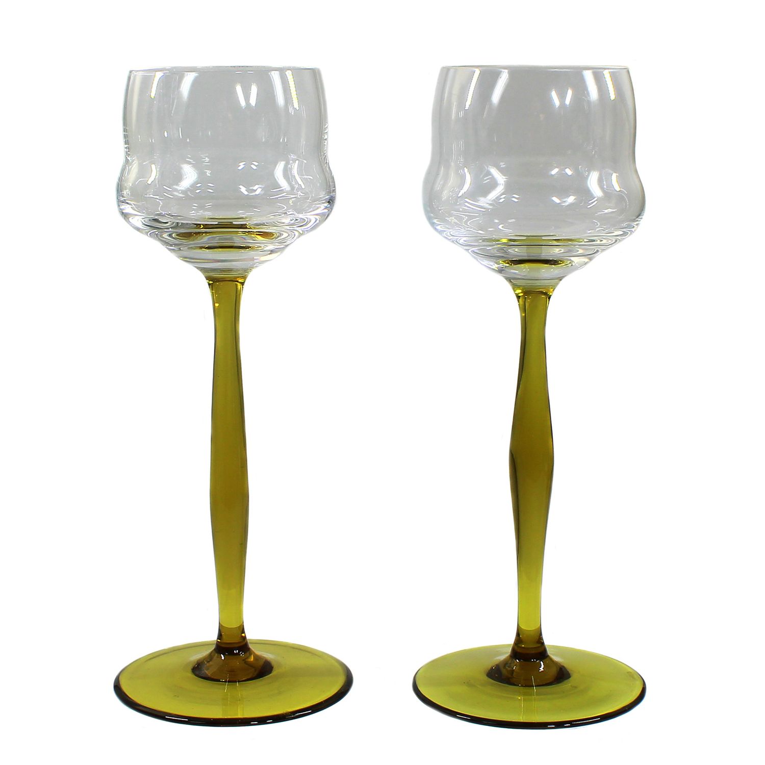 2 stemmed glasses with olive-green stems, Bavarian Forest, circa 1910