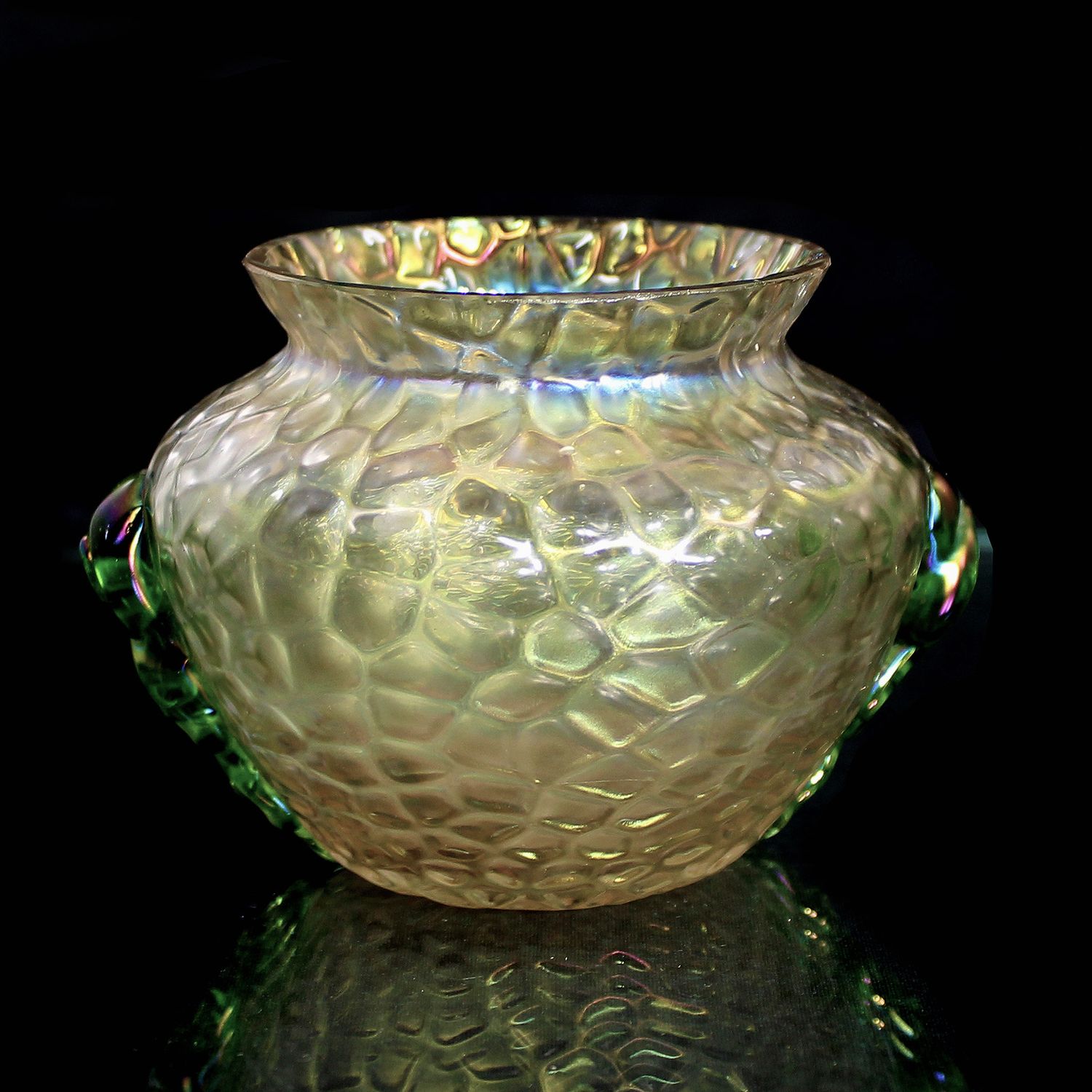 Art Nouveau vase with green appliqués, Wilhelm Kralik, "Martelé &amp; Rigaree" series, circa 1900