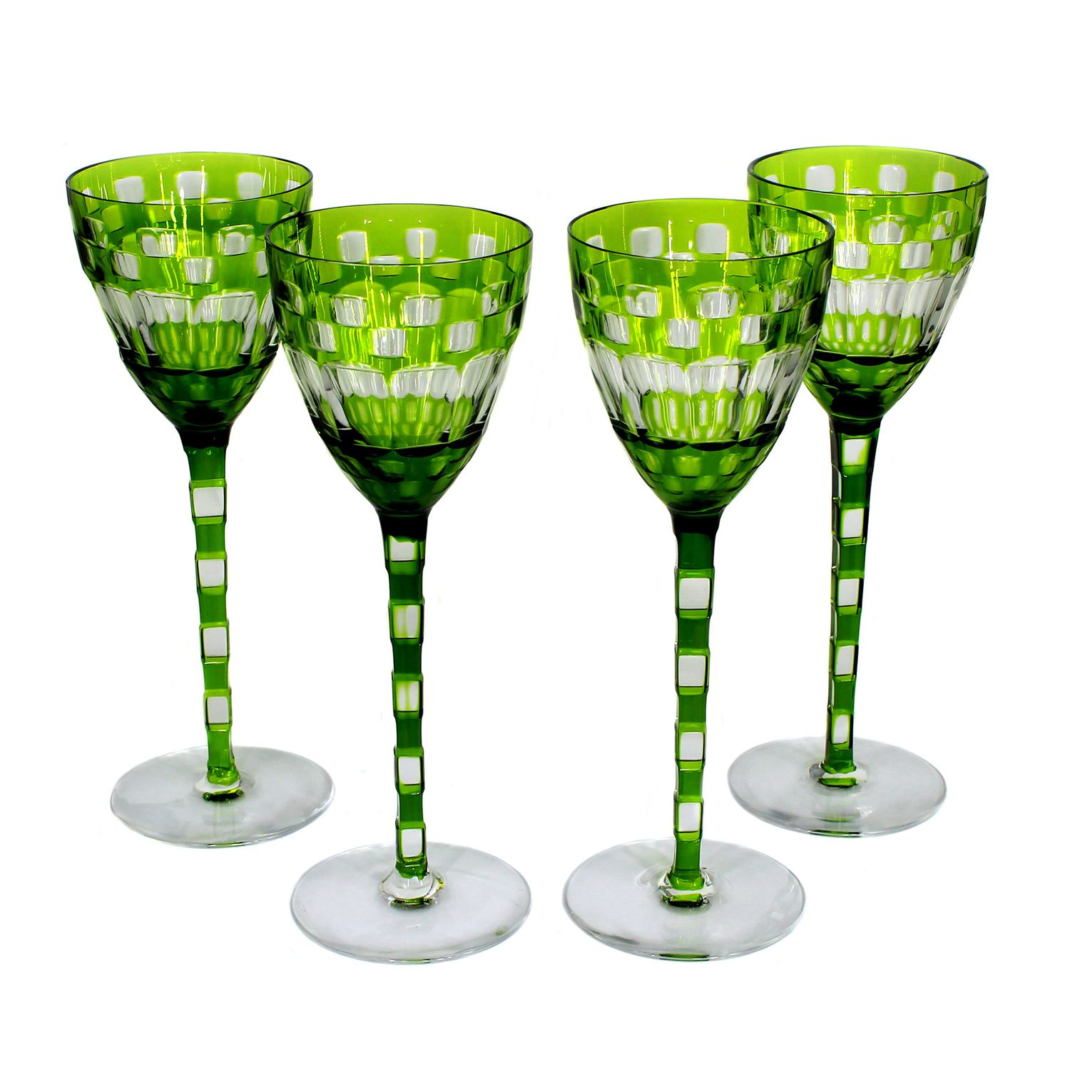4 stemmed glasses with green overlay and rectangular motifs, Meyr's Neffe, c. 1910