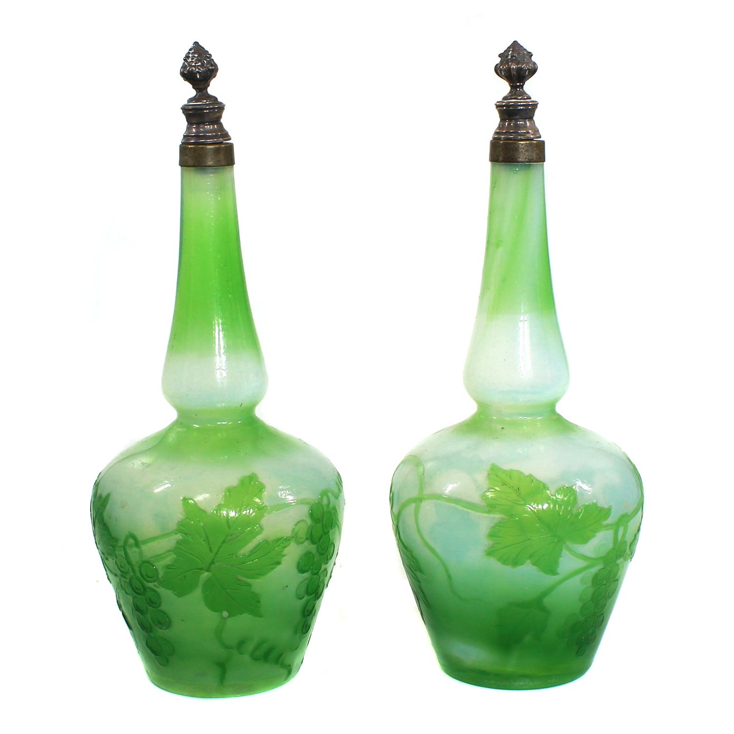 Pair of perfume bottles with grapevine decoration, signed Lorrain, circa 1900–20