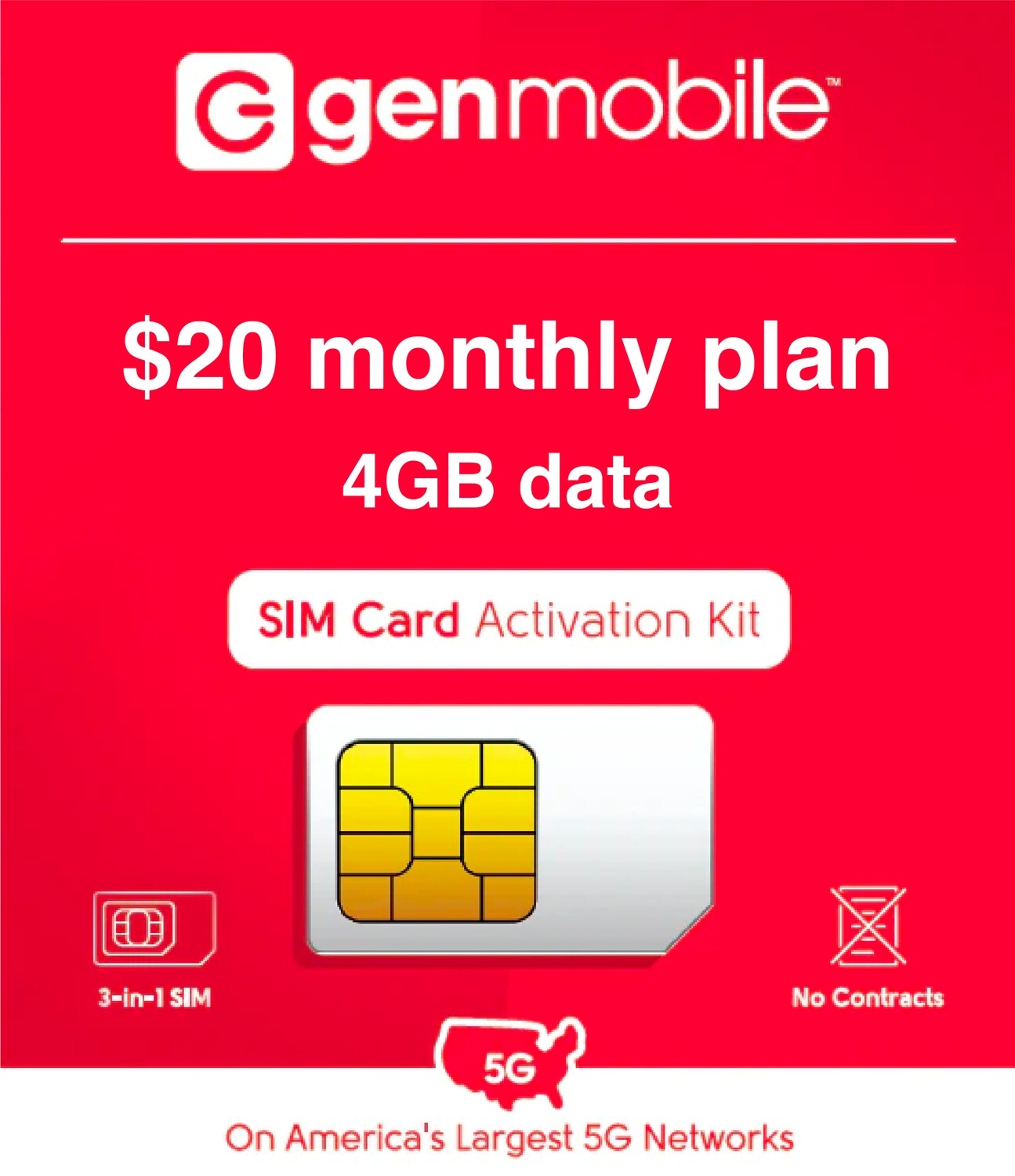 GenMobile Prepaid SIM $20/month plan